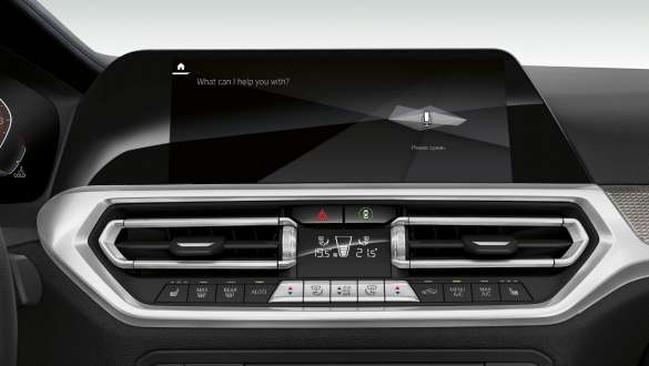 BMW Série 3 Sedan, BMW Intelligent Personal Assistant Imagem ampliada frontal da cabine do BMW Série 3 Sedan com o BMW Intelligent Personal Assistant.