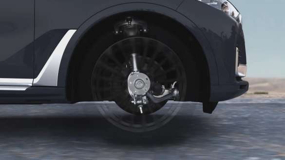 Visão lateral em estilo Raio X do sistema de suspensão pneumática adaptativa do BMW X7 Visão lateral em estilo Raio X do sistema de suspensão pneumática adaptativa do BMW X7