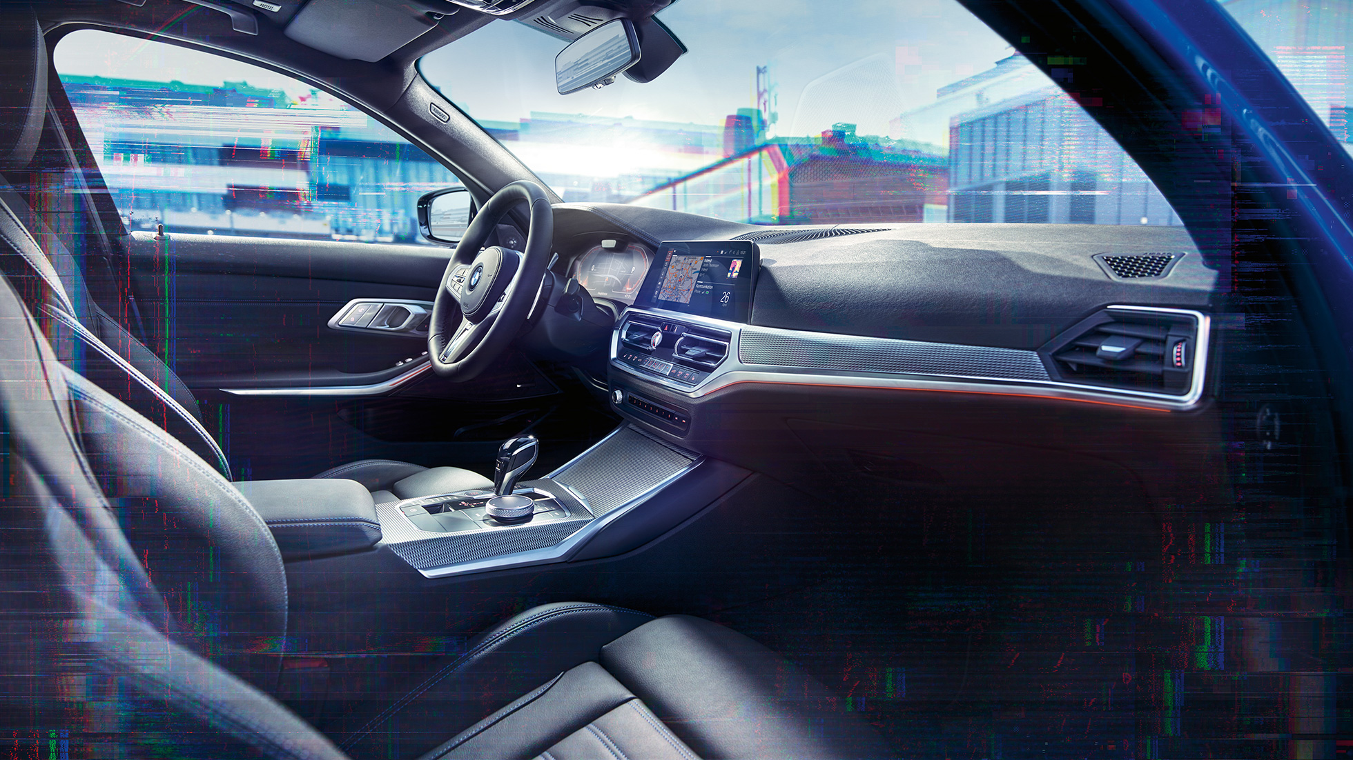 BMW Série 3 Sedã, BMW Live Cockpit Professional. Vista em primeiro plano do interior do BMW Série 3 Sedã com BMW Live Cockpit Professional.