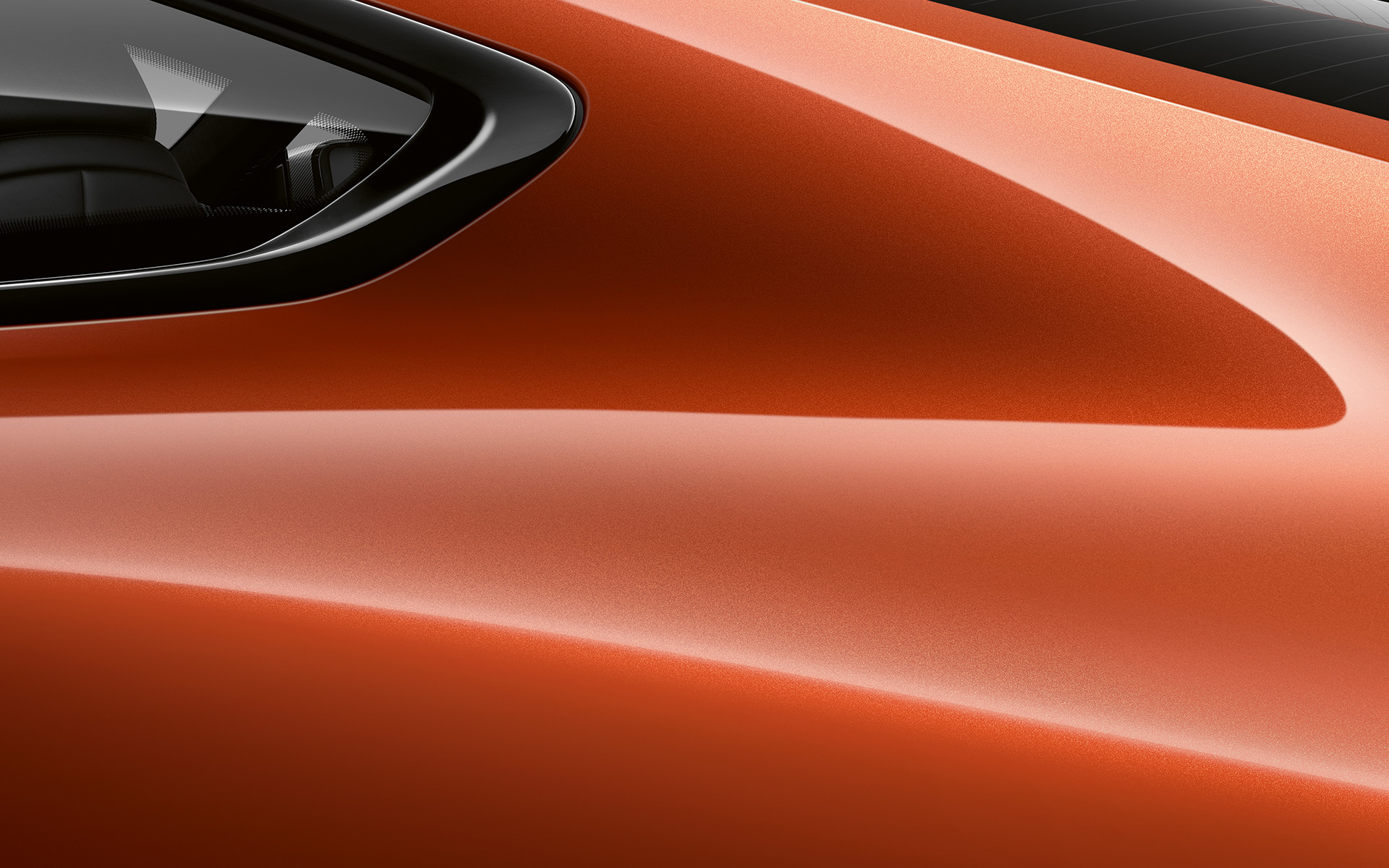 Coluna traseira de sustentação do BMW Série 8 Coupé, numa foto em closeup Coluna traseira de sustentação do BMW Série 8 Coupé na tonalidade Sunset Orange, foto em closeup