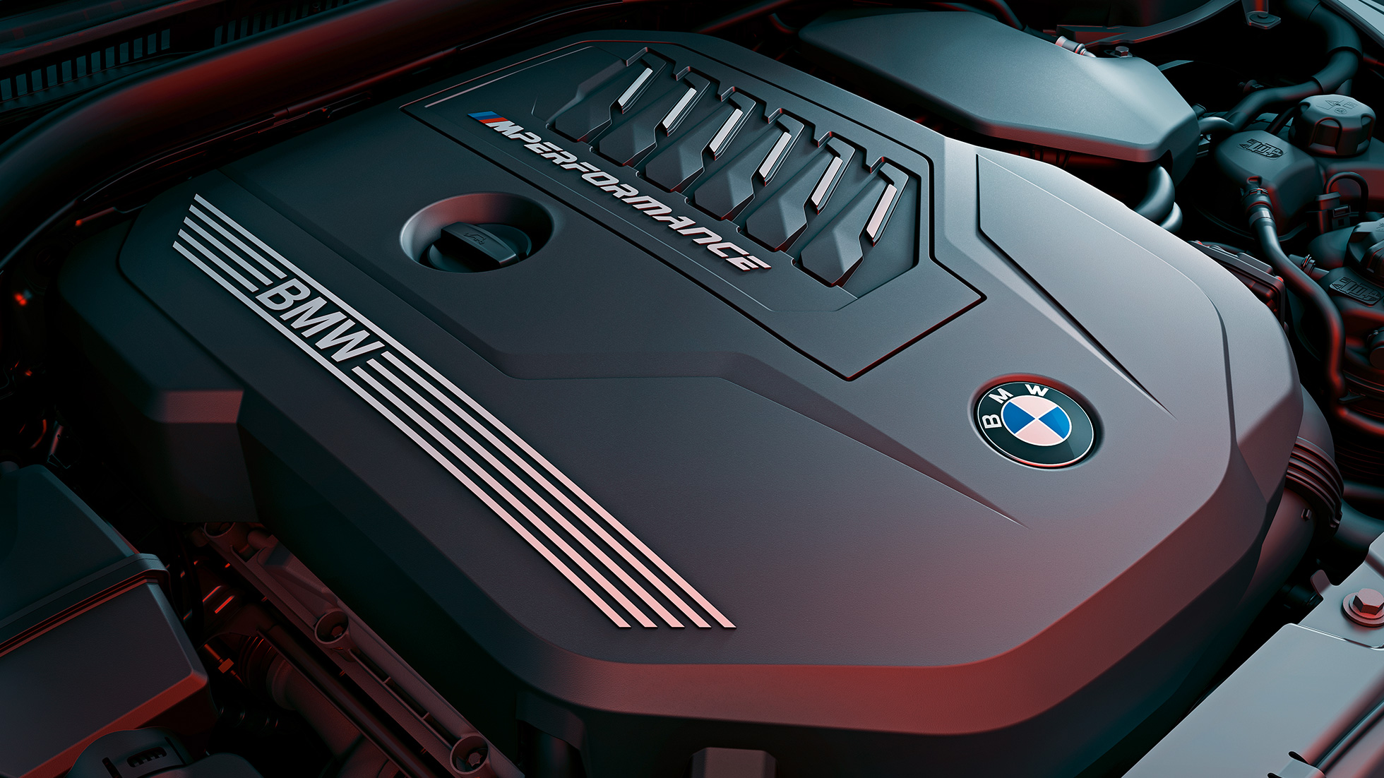 Motor a gasolina BMW M TwinPower Turbo, BMW M440i xDrive Coupé, G22, 2020 Close-up do motor a gasolina BMW M TwinPower Turbo de 6 cilindros em linha, BMW M440i xDrive Coupé, G22, 2020