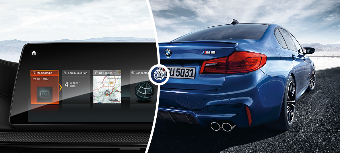 Imagem dividida com tela do sistema Connected Drive na esquerda e imagem externa do BMW M5 na direita Imagem dividida com tela do sistema Connected Drive na esquerda e imagem externa do BMW M5 na direita