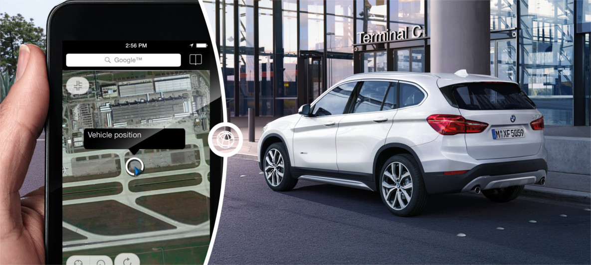 Localização de um BMW X1 2020 / 2021 branco estacionado, aparecendo no mapa do aplicativo BMW Connected Drive Localização de um BMW X1 2020 / 2021 branco estacionado, aparecendo no mapa do aplicativo BMW Connected Drive