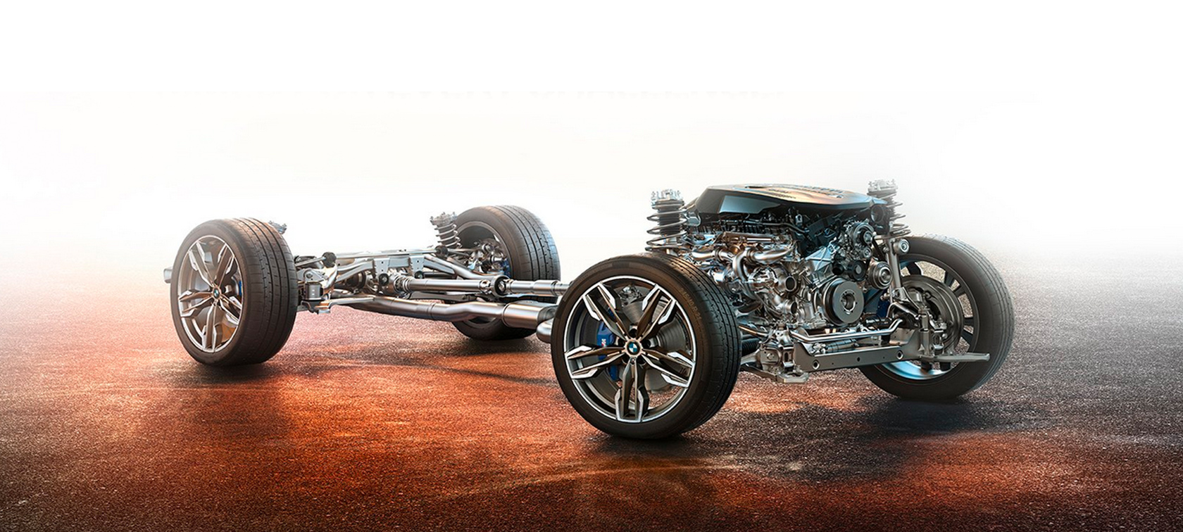Chassis, suspensões e rodas do BMW X4 M40i 2020 em destaque, sem a carroceria Chassis, suspensões e rodas do BMW X4 M40i 2020 em destaque, sem a carroceria