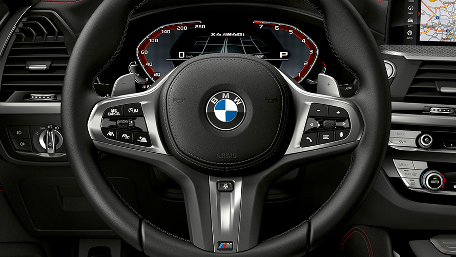 Detalhes do volante do BMW X4 M40i M Sport 2020 / 2021 Detalhes do volante do BMW X4 M40i M Sport 2020 / 2021
