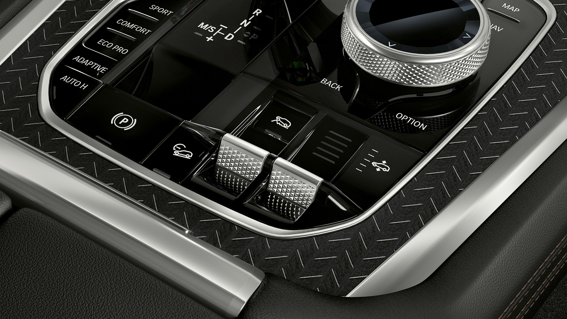 Console central do BMW X6. Visão ampliada do interior do BMW X6 com foco no console central.