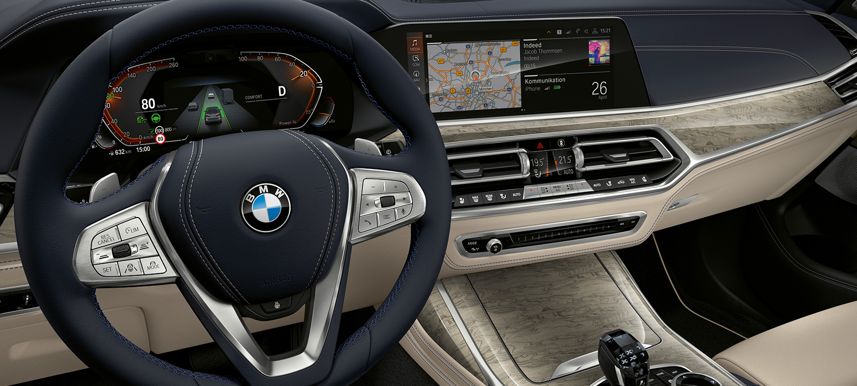 Características inovadoras do BMW X7 Cabine do BMW X7 enfatizando o painel de instrumentos e do motorista