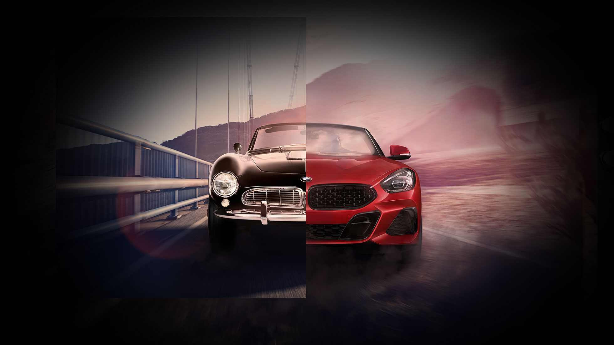 BMW 507 e BMW Z4 Roadster Tela dividida com um BMW 507 preto e um BMW Z4 Roadster