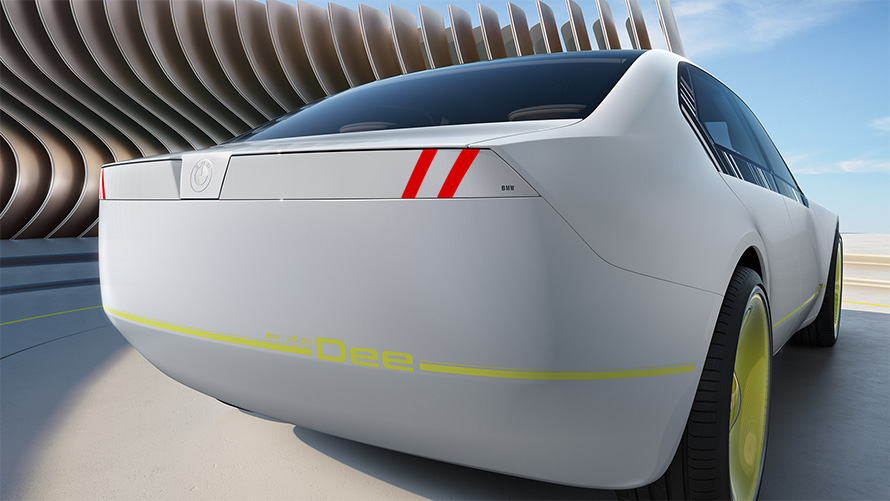 BMW i Vision Dee, o Veículo Visionário, Vista completa da traseira do veículo, mostrando o design do exterior.