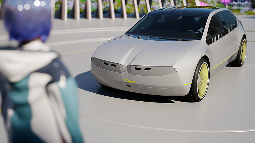 BMW i Vision Dee, o Veículo Visionário, Vista do exterior do veículo, mostrando o design do exterior com o ícone digital.