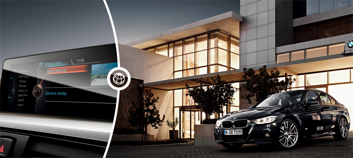 Imagem dividida ao meio: na esquerda tela de atualização de serviço e na direita veículo BMW preto estacionado frente a uma moderna residência Imagem dividida ao meio: na esquerda tela de atualização de serviço e na direita veículo BMW preto estacionado frente a uma moderna residência