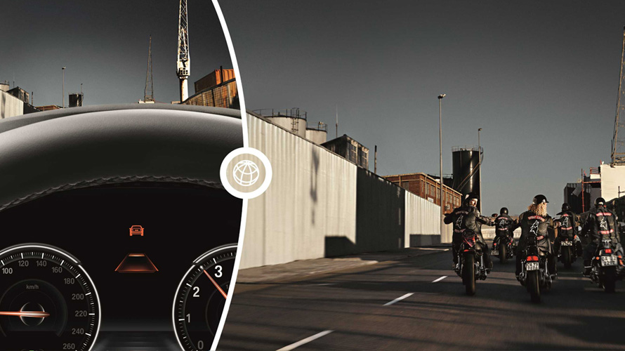 Assistente de congestionamento demonstrado em duas imagens: à esquerda o painel de instrumentos com detecção de outros veículos e à direita, trânsito intenso de motos Assistente de congestionamento demonstrado em duas imagens: à esquerda o painel de instrumentos com detecção de outros veículos e à direita, trânsito intenso de motos