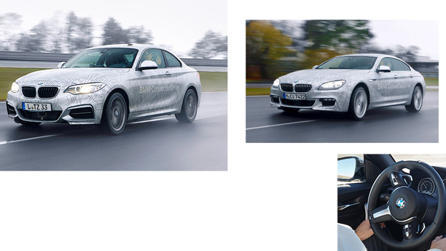 Três imagens: duas com BMW cor prata viajando em velocidade, uma interna se mãos ao volante Três imagens: duas com BMW cor prata viajando em velocidade, uma interna se mãos ao volante