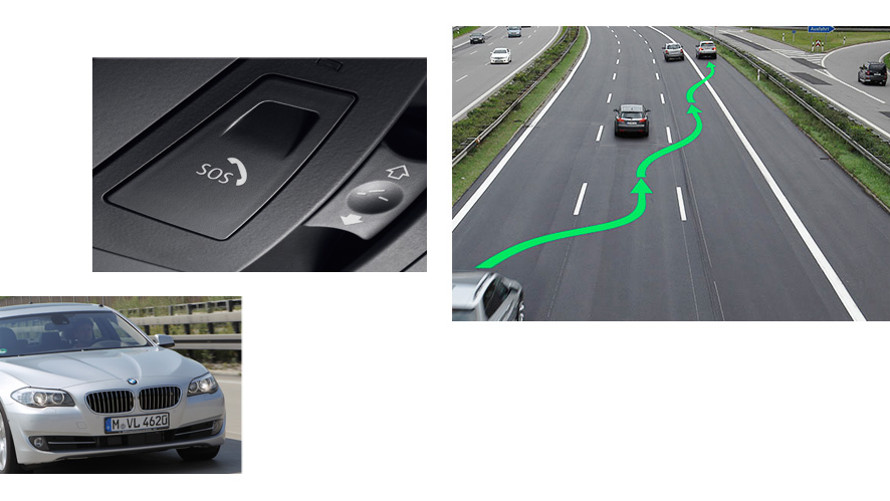 Assistente de Paradas de Emergência BMW em três imagens: uma do botão SOS, uma de um BMW indo ao acostamento de uma estrada uma de um BMW prata trafegando Assistente de Paradas de Emergência BMW em três imagens: uma do botão SOS, uma de um BMW indo ao acostamento de uma estrada uma de um BMW prata trafegando