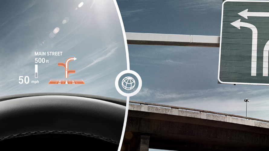 BMW Heads-Up Display projetando navegação e informações do carro sobre para-brisa BMW Heads-Up Display projetando navegação e informações do carro sobre para-brisa