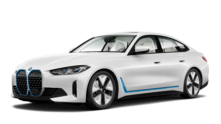 Foto de estúdio de BMW i4 Foto de estúdio de BMW i4 com visão frontal três quartos