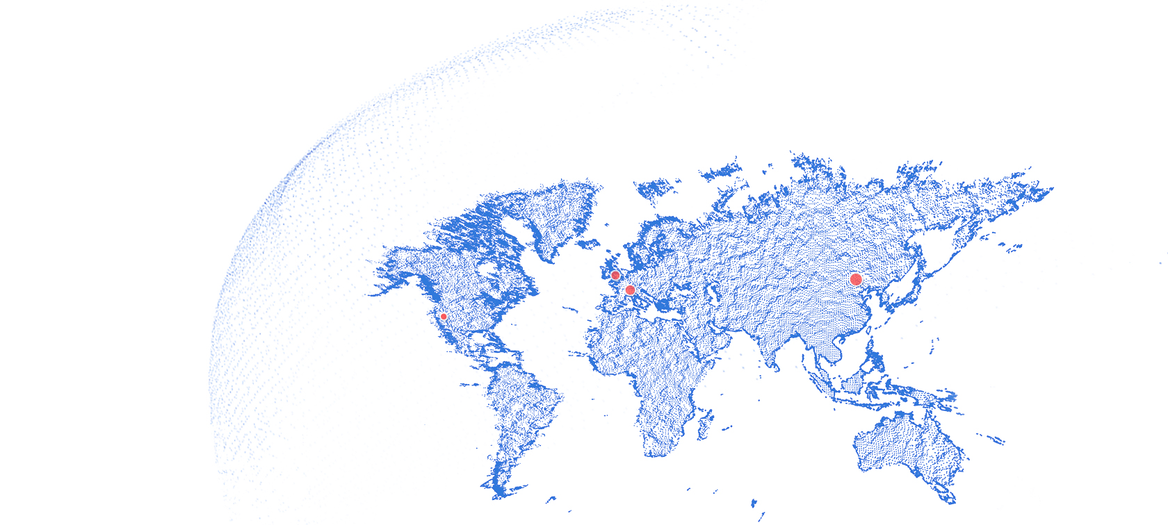 Mapa do mundo em azul com quatro pontos vermelhos destacando locais do evento BMW The Next 100 Mapa do mundo em azul com quatro pontos vermelhos destacando locais do evento BMW The Next 100