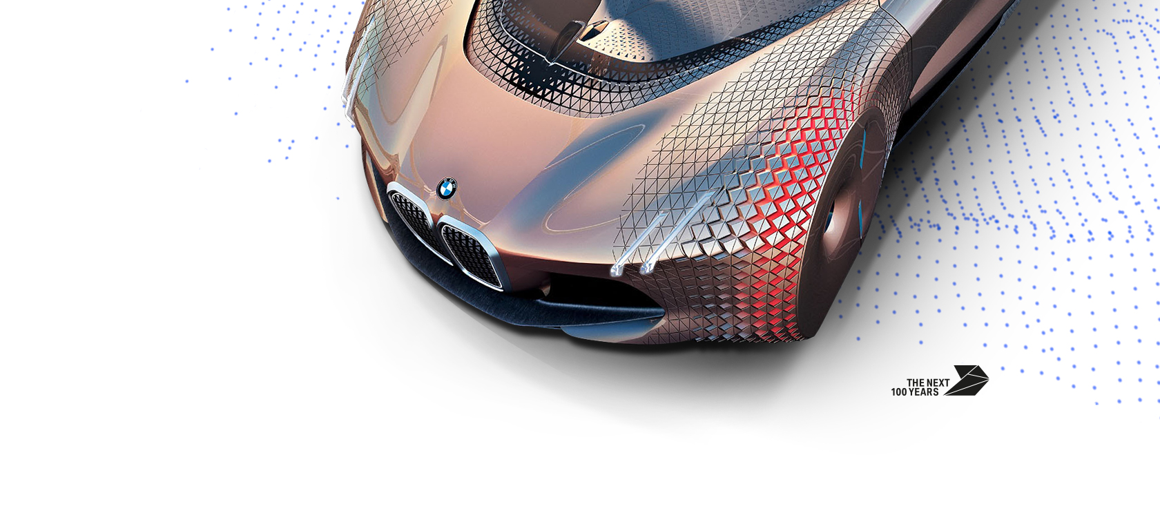 BMW Vision Next 100 cor bronze com detalhes em partículas simbolizando tecnologia, visão aérea BMW Vision Next 100 cor bronze com detalhes em partículas simbolizando tecnologia, visão aérea