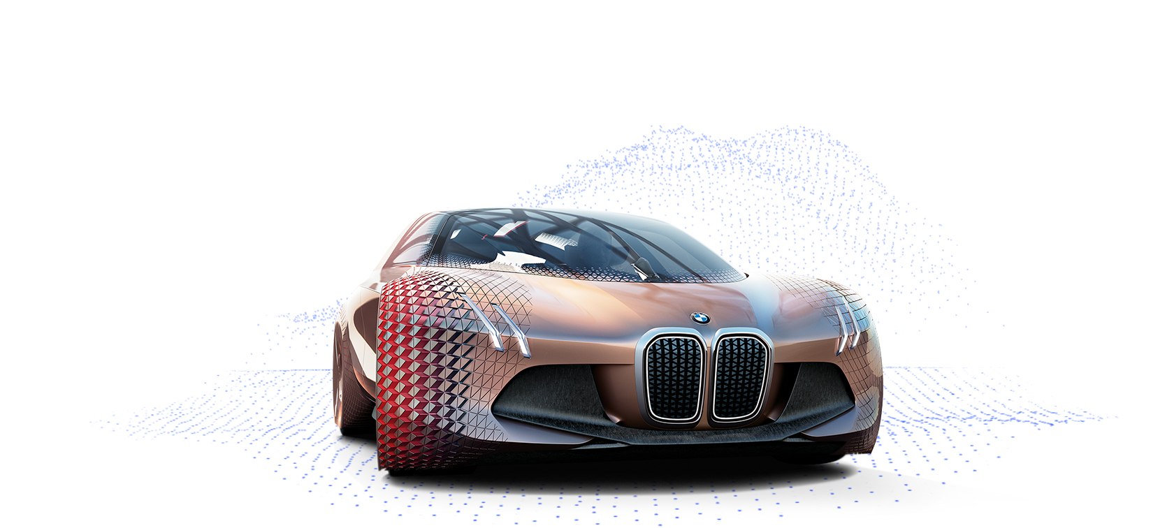 BMW Vision Next 100 cor bronze, sobre fundo branco e partículas azuis simbolizando tecnologia BMW Vision Next 100 cor bronze, sobre fundo branco e partículas azuis simbolizando tecnologia