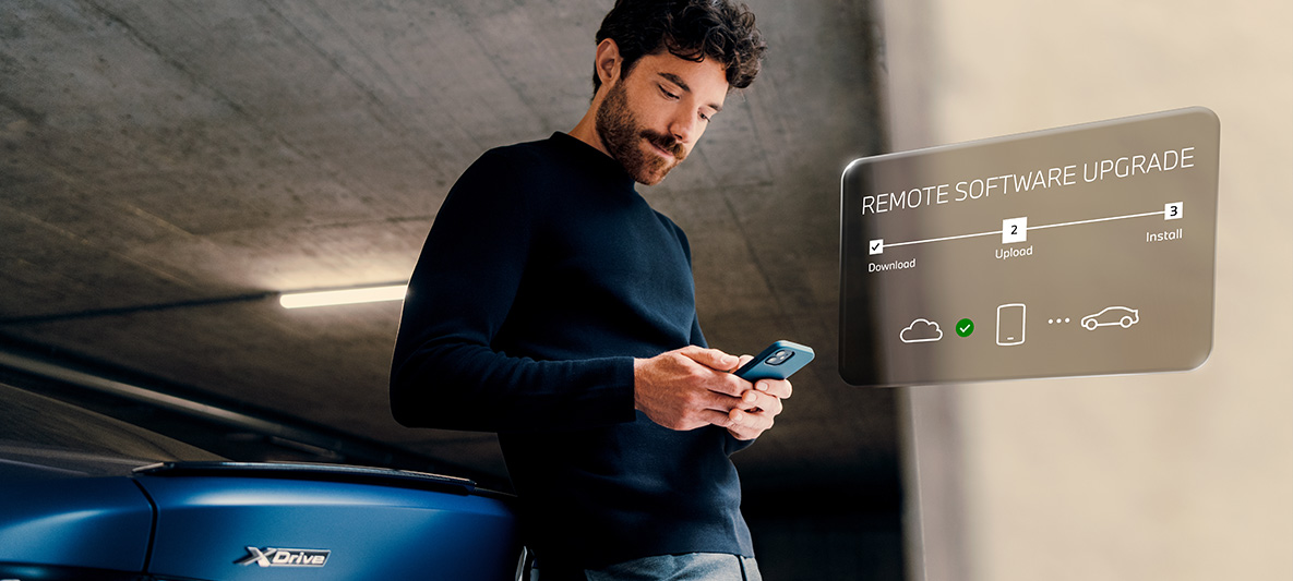 Um homem debruçando-se sobre a traseira de um BMW e consultando o seu smartphone Remote Software Upgrade Um homem debruçando-se sobre a traseira de um BMW e consultando o seu smartphone