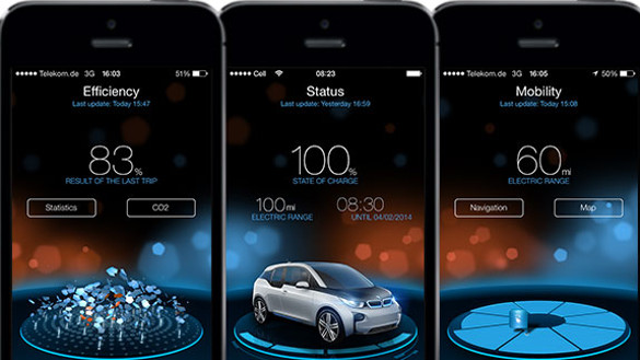 Três telas de smartphone com informações sobre carregamento do BMW i3 Três telas de smartphone com informações sobre carregamento do BMW i3