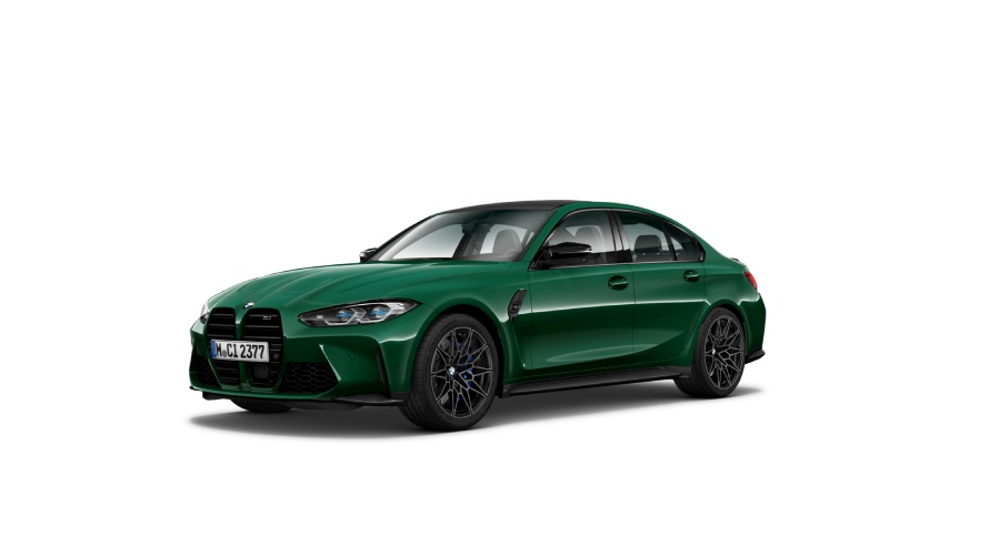 BMW M3 Competition, G80, 2020, cor exterior branco Frozen Brilliant metalizada, vista frontal a três quartos